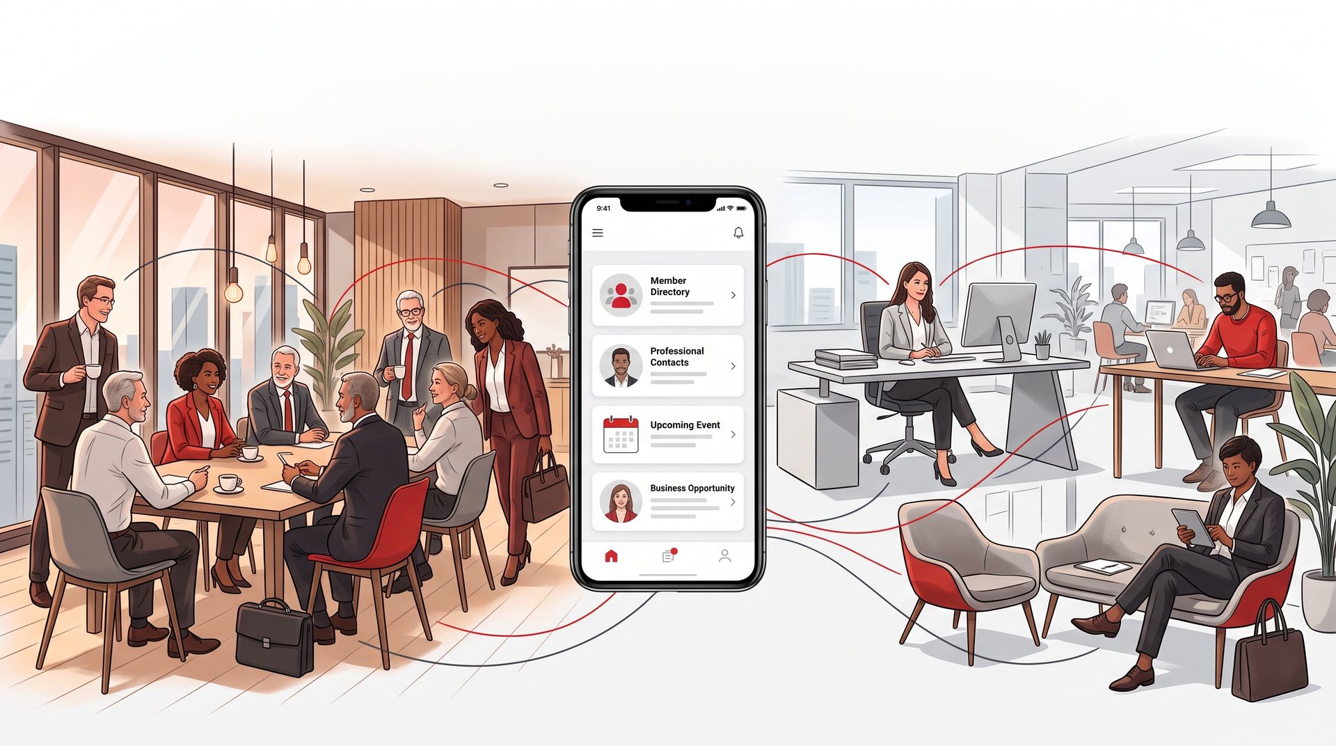 Membres d’un Club Affaires restant connectés grâce à une application mobile après un événement professionnel