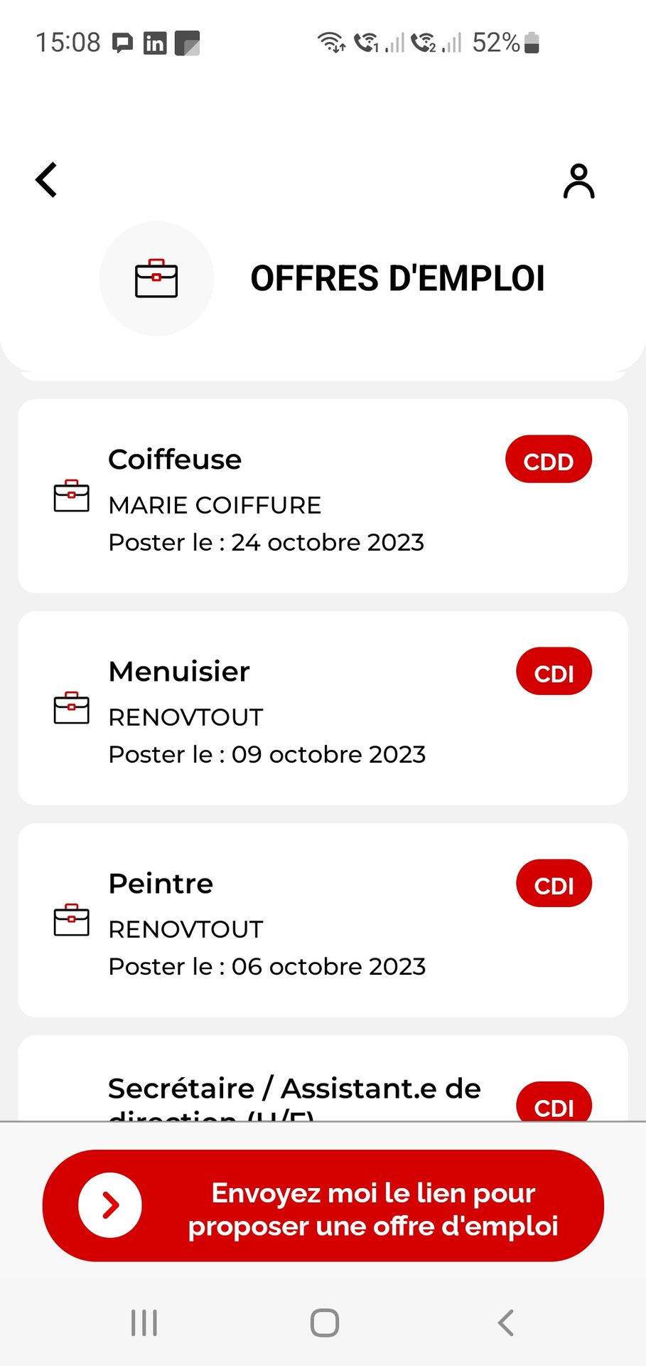 Ecran Offres d'emploi de synrezo